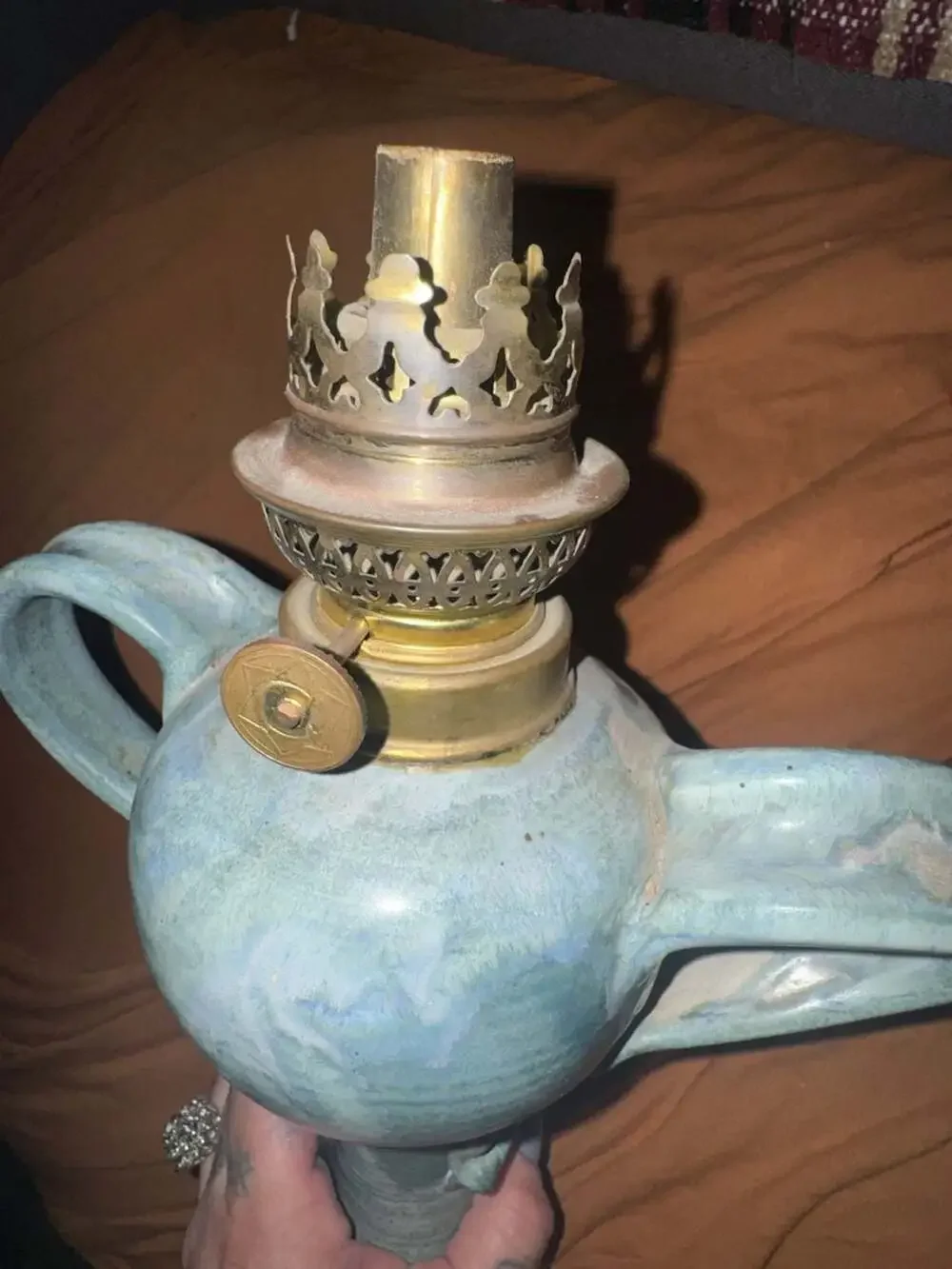 Vintage Handcrafted Studio Pottery Ceramic Oil Lamp with Blue Glaze